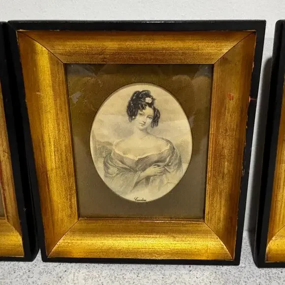 Vintage set (3) framed art prints portraits named women wooden double frames